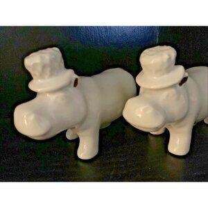 Hippo Salt & Pepper Shakers Ceramic  White with Gold Fleck Ears